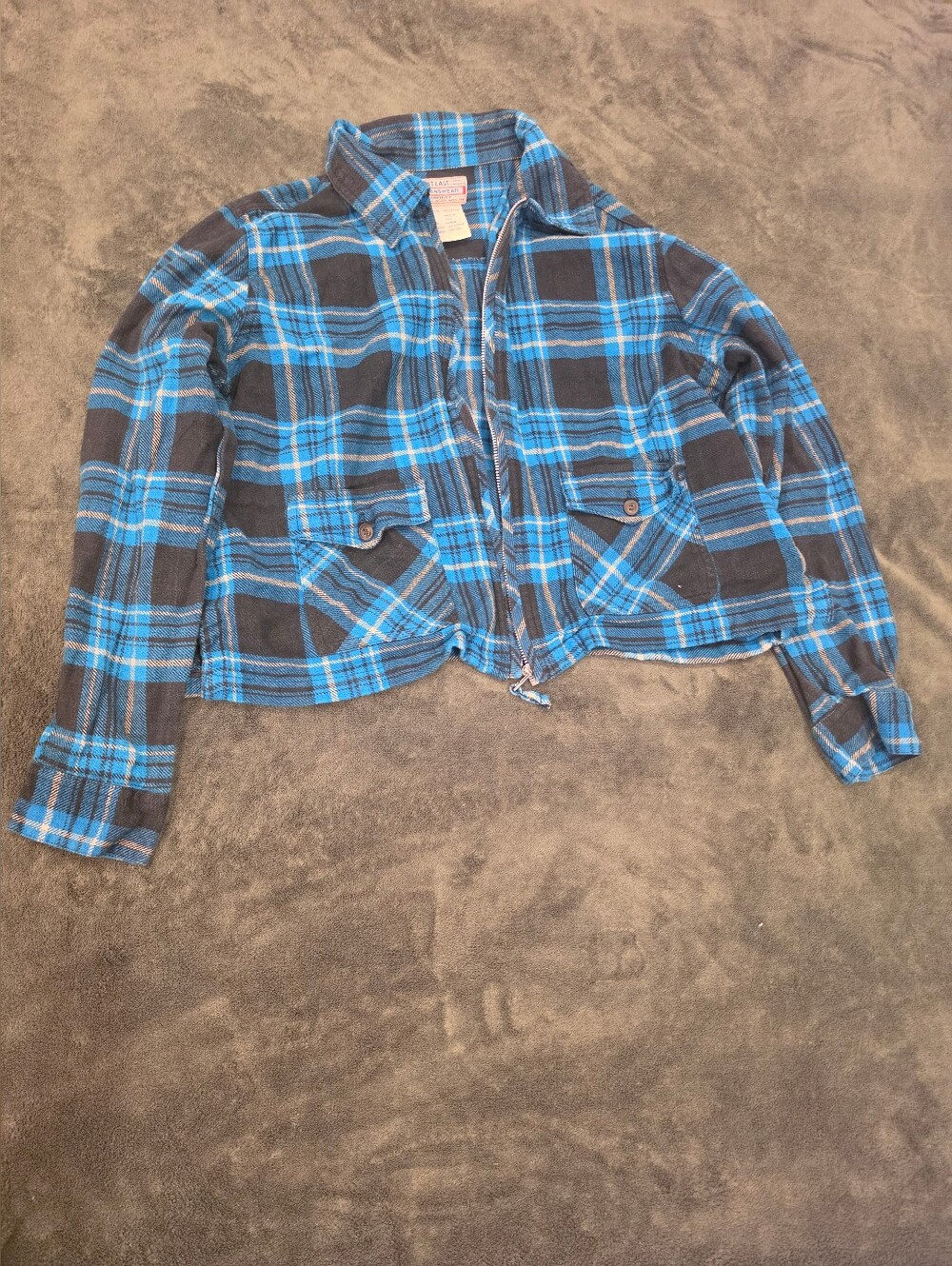 At Last Blue & Black Plaid Cropped Bomber Jacket Size Large